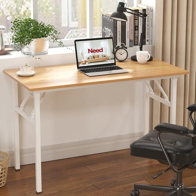 Need Office Computer Desk 47.2x23.6 in Sturdy Folding Laptop Table Teak | White Frame Writing Gaming Work Table/Foldable Home Office Desk/Sewing Table, No Assembly Required