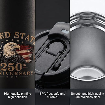 250th Anniversary Coffee Mug, 18 oz Stainless Steel Insulated Tumbler, Vintage Patriotic Design 1776-2026, Fathers Day Birthday Gift Dad From, Military Veteran Retirement Commemorative Gift, Black