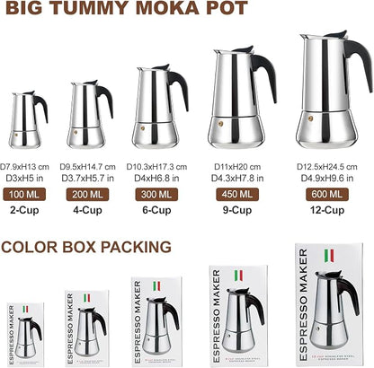9 Cup Stovetop Espresso Maker Stainless Steel Moka Pot Stove Top Percolator Italian Coffee Makers Capable Mocha Greca Machine Cafe Classic Induction Cookers for Home and Camping 450ml 15oz