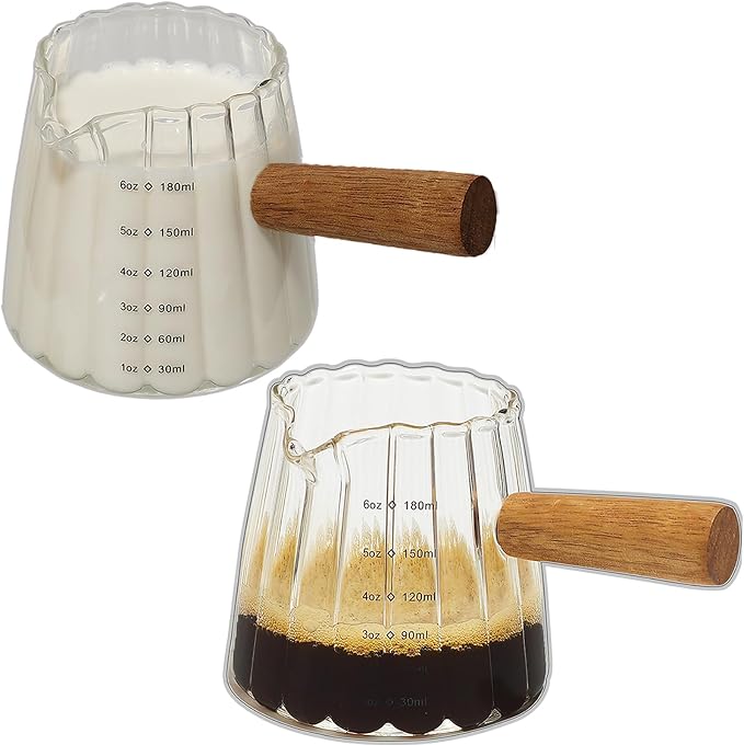 TIWPAJS 2-Pack Espresso Cups 6OZ, Espresso Accessories, Expresso Shots Cup, Espresso Shot Glass with V-Shaped Mouth, Ribbed Milk Frothing Pitcher, Glass Measuring Cup