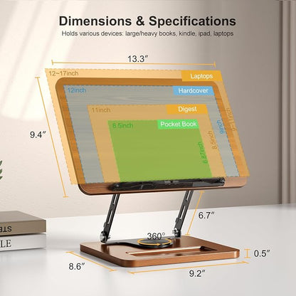 OPTIXCELL Book Stand for Reading, 360° Rotating Book Holder, Page Clips | Hands Free, Built-in Storage Tray, Adjustable Height Angle, Non-Slip, Foldable 13.3x9.4x1.9in, Fits Cookbook Tablet & Laptop