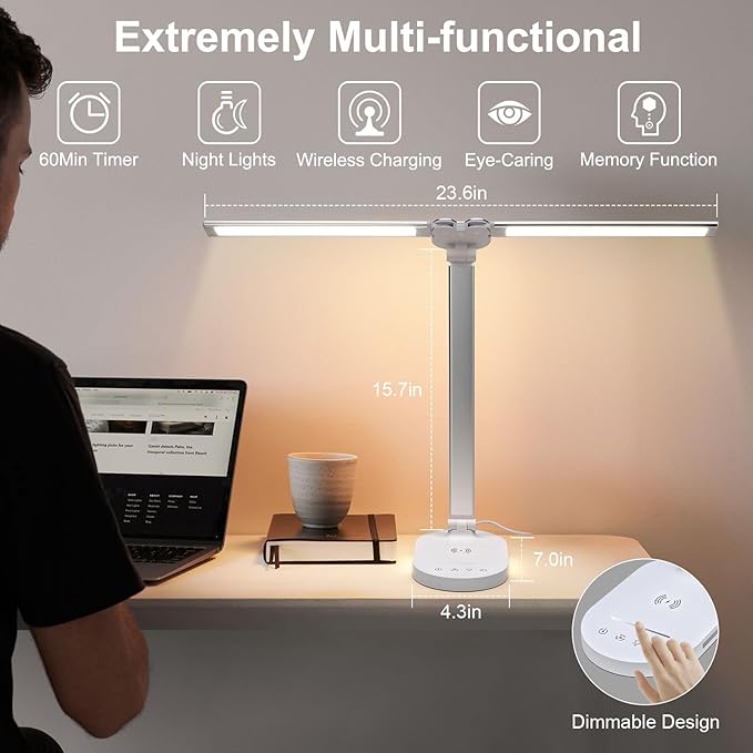 Lightess LED Desk Lamp with Wireless Charger, USB Charging Port - Dual Swing Arm Dimmable LED Desk Light with Night Light, Foldable Desk Lamp, Touch Control Table Lamp for College Dorm Room Bedroom