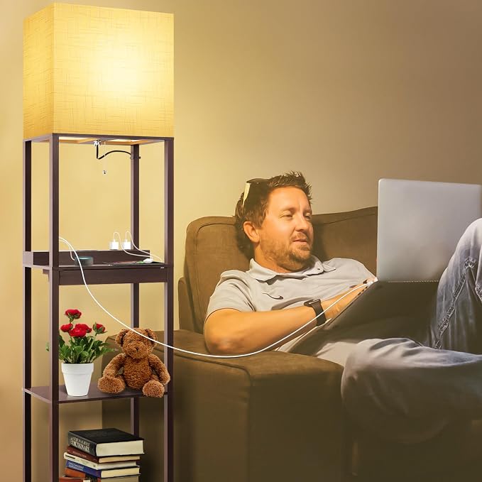 RUNTOP Floor Lamp with Shelves, Modern Standing Lamp with Wireless Charger, 1 Drawer and 2 USB Ports & 2 Power Outlet, 15W LED Bulb 3 Colors, Memory Function, Shelf Lamp for Living Room and Bedroom