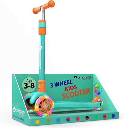Outdoor Cruiser 3-Wheel Kids Scooter – with Lean-to-Steer Technology, Led Lighted Wheel, 4-Level Adjustable Height T-bar Handle, Support Kids Up to 150 Lbs, for Boys & Girls Ages 3-8, Aqua and Orange