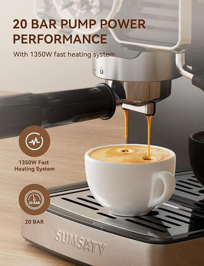 SUMSATY 20 Bar Espresso Machine Retro with Powerful Milk Frother, Black | Visual Pressure Gauge Espresso Coffee Machine 1350W Fast Heating Home Barista for Cappucino Latte Maker, 61oz Water Tank