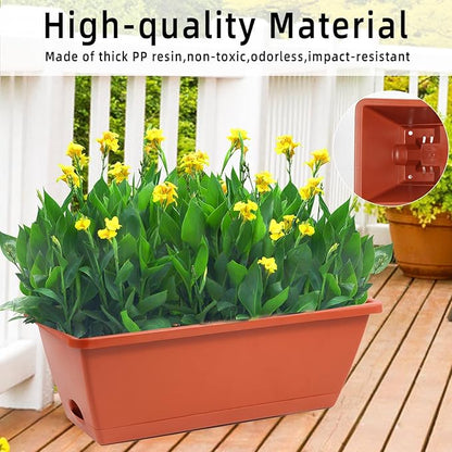 8pcs Window Box Planter,17 Inches Flower Window Boxes, Rectangle Planters Box with Drainage Holes and Trays, Plastic Vegetable Planters for Windowsill Patio Garden Home Decor Porch Yard (Red)