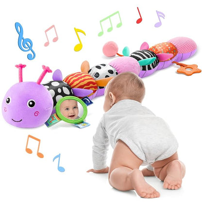 AWOTOY Baby Toys 6-12 Months Music Caterpillar Infant Toys Stuffed Animals | 0-3-6 Months Sensory Toys Tummy Time Teething Toys with Mirror Pull String Rattle for Newborn Boy Girl Shower Birthday Gifts