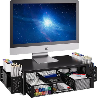 Simple Trending Metal Monitor Stand Riser, Drawer & 2 Pen Holders, Black | 2-in-1 Desk Organizer & Monitor Stand | Sturdy Metal | Ergonomic Support | Space Saving | Easy Setup