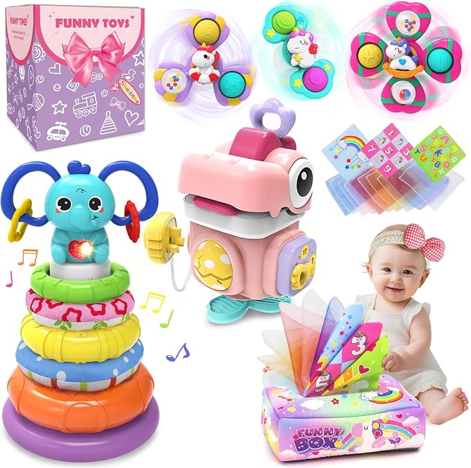 4 in 1 Baby Toys 6 to 12 Months,Learning Toys for Babies 6 12 18 Months, Infant Toys Stacking Rings,Busy Cube,Spinner Toys,Tissue Box Toy,Sensory Educational Gift for Toddlers Aged 1-3