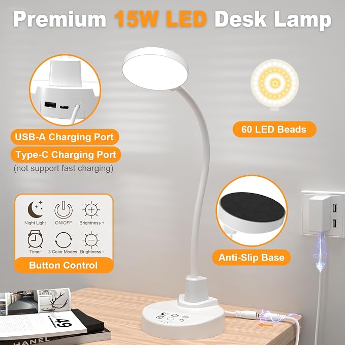 15W LED Desk Lamp with USB Charging Ports – Dimmable Table Lamp with 3 Color Temps, 5 Brightness, 4 Timers, Flexible Gooseneck Light with Base, Eye-Caring Reading Light for Home Office, Bedroom, Study