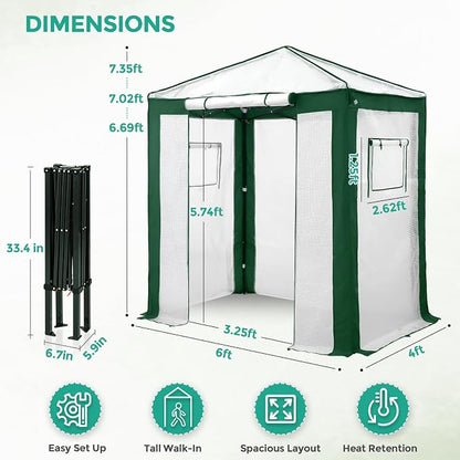 EAGLE PEAK 6x4 Portable Walk in Greenhouse with Polyester Reinforced Corners, Instant Pop up Indoor Outdoor Gardening Green House, Roll Up Zipper Entry Door and Mesh Windows, Green/White