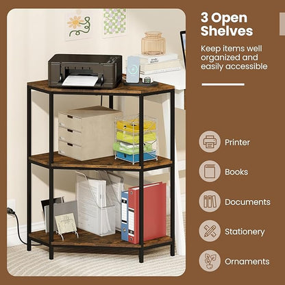 Giantex 2-Pack Corner Printer Stand, 3-Tier Corner Shelf with Charging Station and Metal Frame, Small Industrial Bookshelf, Printer Table for Living Room, Kitchen, Home Office