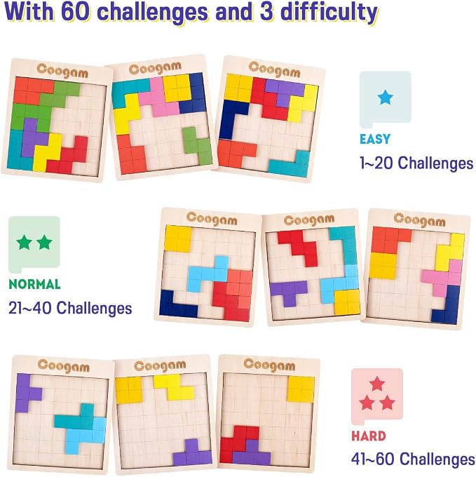 Coogam Wooden Puzzle Pattern Blocks Brain Teasers Game with 60 Challenges, 3D Russian Building Toy Wood Tangram Shape Jigsaw Puzzles Montessori STEM Educational Toys Gift for Kids Adults