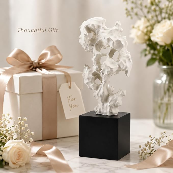 11.8" Modern Abstract Sculpture | Stone Home Decor, Resin White and Black Art Statues for Living Room, Coffee Table Centerpiece, TV Stand Shelf Bookshelf Decor