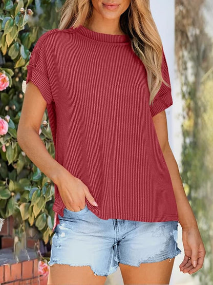 ANRABESS Womens Short Sleeve Crewneck Shirts Ribbed Knit High Low Hem T Shirt 2026 Summer Spring Casual Tops Trendy Clothes