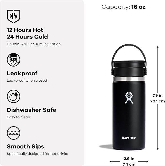 Hydro Flask Water Bottle - Insulated Stainless Steel - Wide Mouth Flex Lid, Non Spill, Leakproof and Refillable in 16 Oz Black
