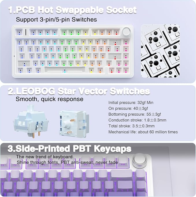 AULA F75 Pro Wireless Mechanical Keyboard,75% Hot Swappable Custom Keyboard,RGB Backlit,Pre-lubed Linear Switches,Side Printed PBT Keycaps Mechanical Gaming Keyboards,Gradient Purple