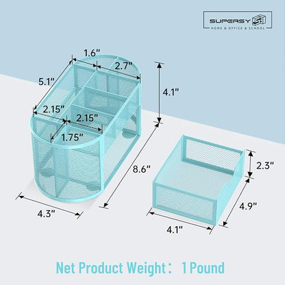 Mesh Desk Organizer with Drawer, 9-Compartment Pen Holder for Desk, Blue | Pull-Out Drawer Stores Pens, Pencils, Clips, Notes, and Small Office or School Supplies in One Compact Desk Caddy