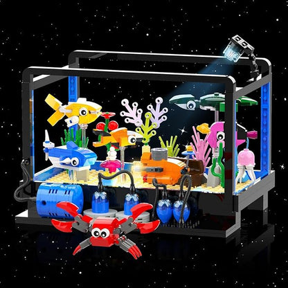 Tenhorses Fish Tank Building Block Set, Lighting Aquarium Sets Including Marine Life, a Submarine and a Treasure Chest, Building Block Toy for 6+, Gift for Sea Lovers.