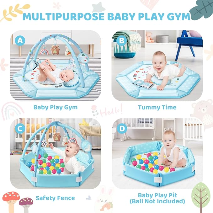 Baby Gym Play Mat, 8-in-1 Tummy Time Mat & Ball Pit with 6 Toys, Washable Baby Activity Mat for Visual, Hearing, Sensory, Motor Development, Baby Gift for Newborn Infant 0-3-6-9-12 Months (Blue)