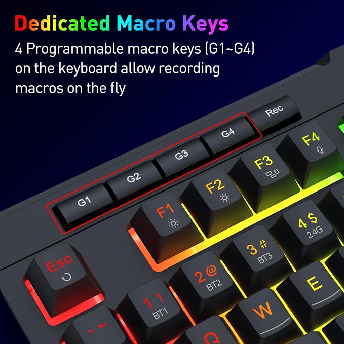 Redragon K525 PRO RGB 3-Mode Wireless Membrane Gaming Keyboard with Multimedia Keys, Linear Mechanical-Feel Switch, 4 Extra On-Board Macro Keys, Dedicated Media Control, Ergonomic Wrist Rest