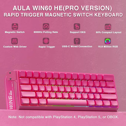 AULA WIN60 HE PRO 60% Mechanical Gaming Keyboard Wired, Magnetic Switch Hot Swappable, Adjustable Actuation Rapid Trigger Mode, 8000Hz Polling Rate, RGB Small Keyboard 60 Percent Compact Design for PC