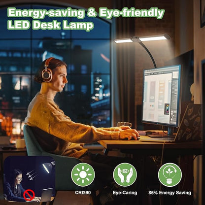 Desk Lamp for Office Home - LED Reading Light 160 LEDs with Clamp Table Lamps Eye-Caring Study Clip on Lights 3 Modes & Stepless Dimming Double Head Computer Lighting for Home, Office and Bedroom