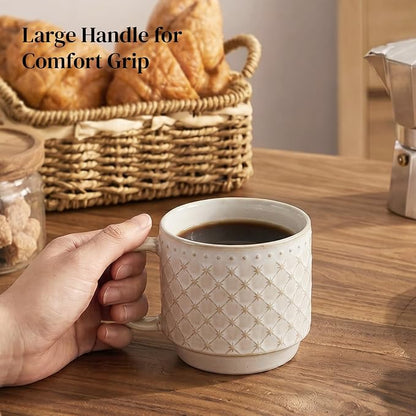 DOWAN 12oz Coffee Mugs Set of 4, Ceramic Coffee Mugs, Stackable Cappuccino Cups, Microwave Safe and Large Handle, Office and Home Use