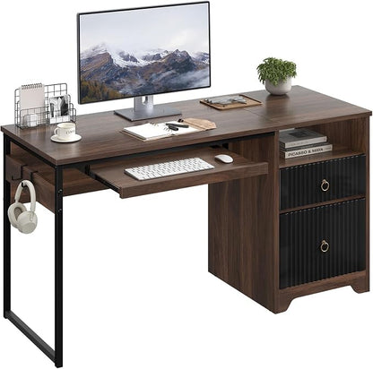 Bestier 55 Inch Wood Computer Desk with File Drawer & Keyboard Tray, Cherry | Fluted Panels, Ring Handles, File Drawer Letter/Legal, Storage Drawer, Keyboard Tray, Reversible, 2 Hooks, 150 Lbs, P2 Board