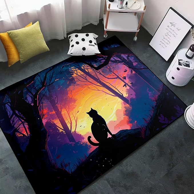 Magic Black Cat Rug - Moon Cat Rug for Girls Room Forestscape Cat Area Rug Black Cat Door Mat Colorful Rug with Black Cat Pattern, 4x5 Feet