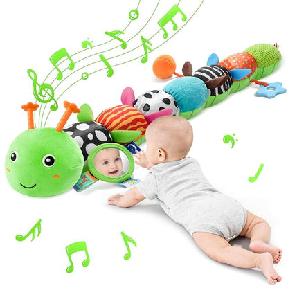 Baby Sensory Musical Caterpillar Plush Toy, Soft Stuffed Animal with Mirror Crinkle Paper Rattle Teether, Tummy Time Play Toy for 0-12 Months Newborn Infant, Baby Shower Gift for Boys Girls, Green