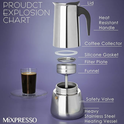 Mixpresso 12 Cup Greca Moka Pot, Stainless Steel Stovetop Espresso Maker | 600ml/20oz Italian stovetop coffee maker with classic percolator design, ideal for preparing coffee at home or while camping