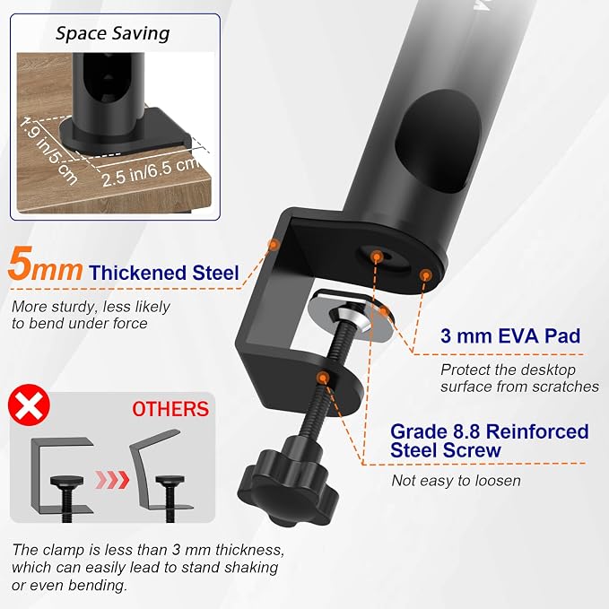 Vondynote Pair of Desktop Clamp Speaker Stands 12°Tilt, Cable Management | Heavy Duty Studio Monitor Stands, 12°Tilt, 13"-16.8" Height Adjustable, Cable Management