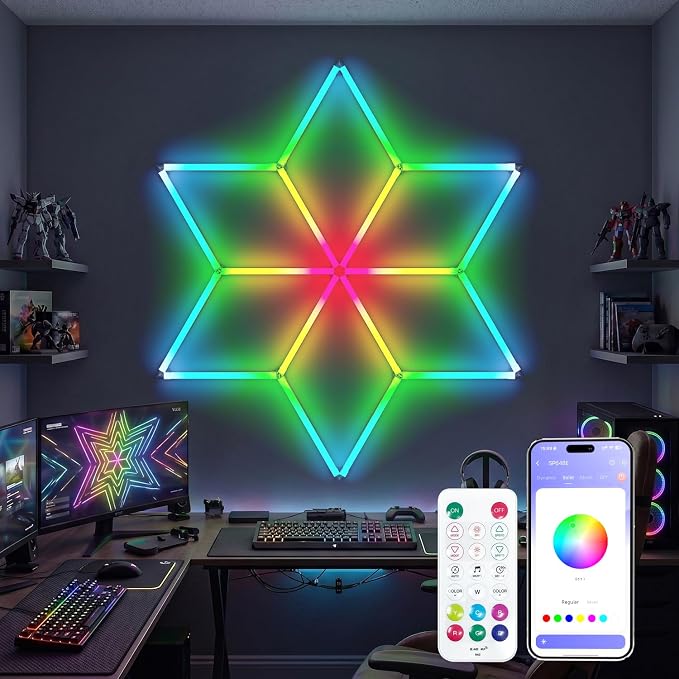 RGB Hexagon Garage Lights, Snowflake Hexagon Led Lights with Music Sync Mode, App & Remote Control RGB Ceiling Lights for Party, Gym, Studio, Gaming Room