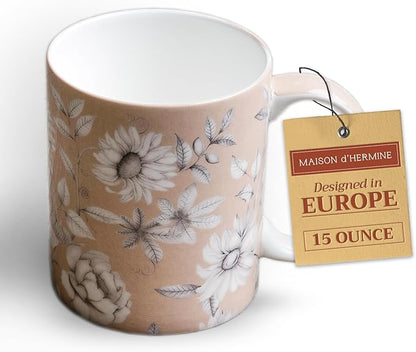 Maison d' Hermine Coffee Mug with Handles Tea Cups (15 Ounce, Pack of 1) | Fine Bone China Coffee Mugs for Hot Beverages Cappuccino Latte Home Restaurant Spring Summer -Pretty Autumn - Mono Autumn