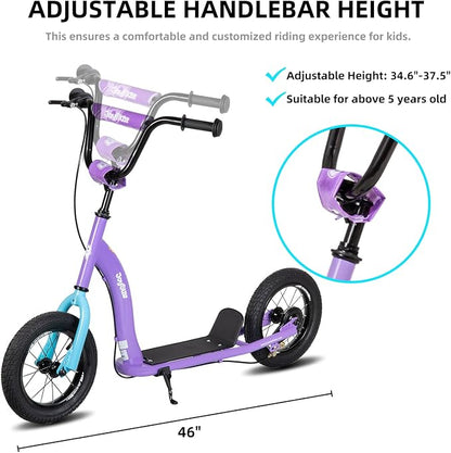 JOYSTAR Kick Scooter for Kids 5+ Teens & Youth, Lightweight Kids Scooter with Adjustable Handlebar, 2 Wheel Scooter for Boys & Girls, 12" Inflatable Wheels Rear Drum Brakes