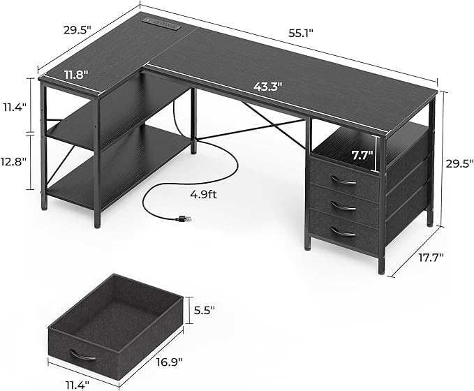 Huuger L Shaped Office Desk with Power Outlets, 55 Inch Computer Desk with 3 Drawers, Shelves, Reverisble for Gaming Corner Work Home Office Study, Black