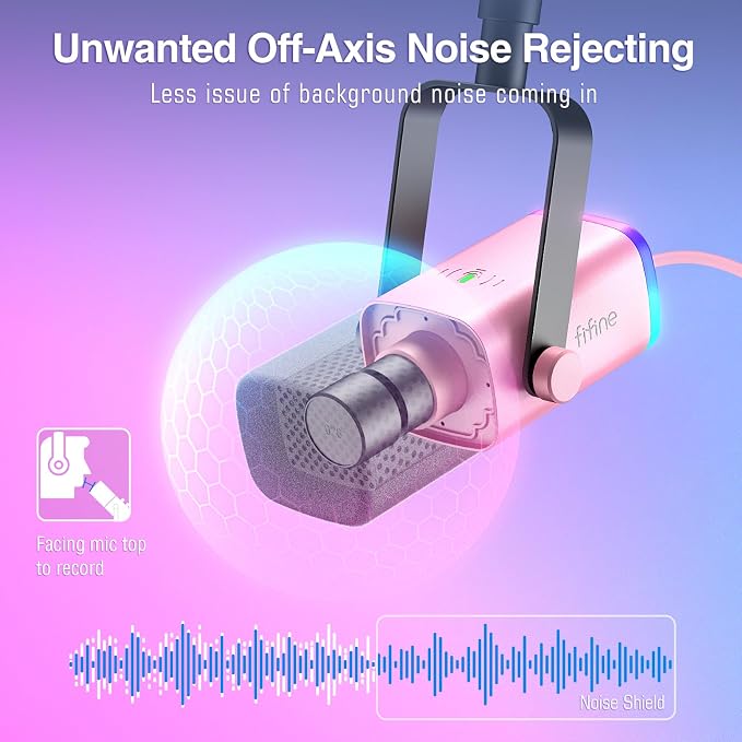 FIFINE AmpliGame AM8TP XLR Gaming Microphone USB PC Dynamic Mic Kit | Streaming RGB Mic with Headphone Jack, Mute Button, Boom Arm Stand for Computer/Mixer, for Vocal, Recording, Podcast, Pink