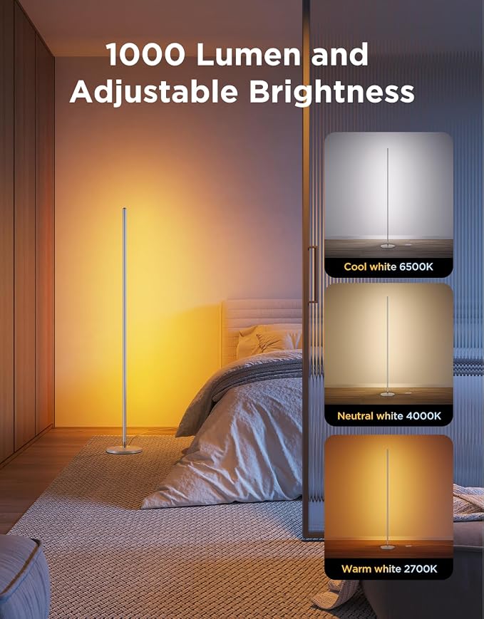 Govee RGBIC Floor Lamp, 1000lm LED Corner Lamp | Works with Alexa, Smart Modern Floor Lamp with Music Sync and Color Changing Standing Lamp for Bedroom Living Room Silver