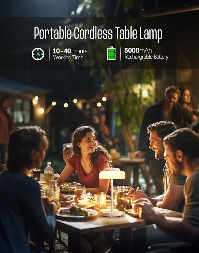 QiMH Battery Operated LED Table Lamp, 5000mAh Cordless Desk Lamp with 3 Level Brightness Touch Control, Mini Rechargeable Night Light for living room, Bedroom, outdoor bar (White)