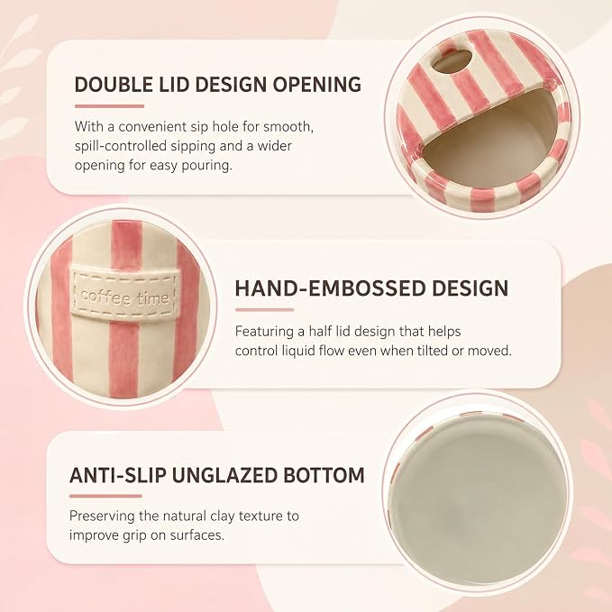 Ceramic Coffee Mug with Sip Hole, 12oz Striped Ceramic To Go Coffee Cup, Cute Aesthetic Mug for Espresso Latte Cappuccino, Handmade Glazed Cup for Home Office Gift Use, Pink