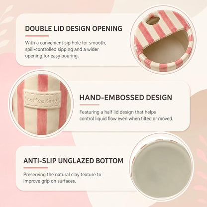 Ceramic Coffee Mug with Sip Hole, 12oz Striped Ceramic To Go Coffee Cup, Cute Aesthetic Mug for Espresso Latte Cappuccino, Handmade Glazed Cup for Home Office Gift Use, Pink