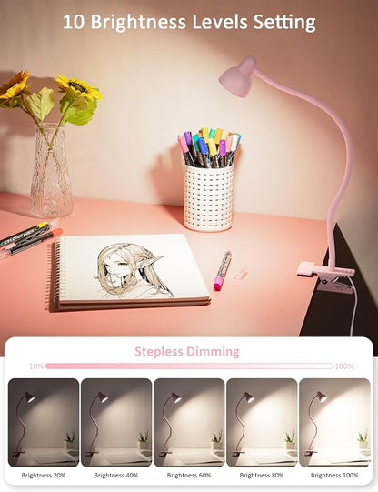 LiFMIRA Pink Small Desk Lamp Clip on LED Reading Light for Bed | 3 Color Modes 10 Dimmable Brightness, Book in Bed Headboard, Flexible Reading Lamp with Clamp BL08