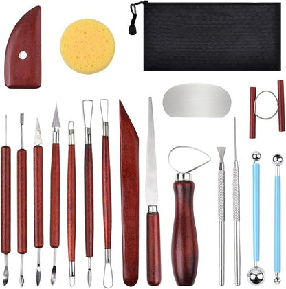 Y9A5N0K3O Clay Tools 19pcs, Sculpture Clay Carving Knife Soft, with Wooden Handles and Tool Bag, for Trimming, Embossing Pattern, Sculpting, Modeling, Shaping, for Adults and Kids