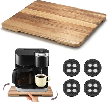 360°Rolling Tray Acacia Wood Kitchen Appliance Slider for Coffee Maker Pot | Countertops Sliding Tray Mat for Kitchen Appliances Easily Move Under The Cabinet Acacia 11.6"×13.9"