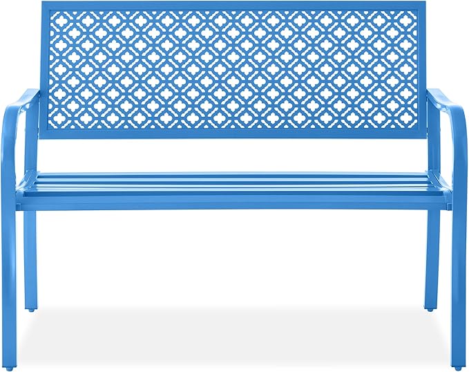 Best Choice Products Outdoor Bench 2-Person Metal Steel Benches Furniture for Garden, Patio, Porch, Entryway w/Geometric Backrest, 790lb Capacity - Ocean Blue
