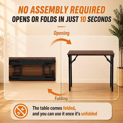 Folding Table Computer Desk - 35.8" No Assembly Folding Desk with Power Outlets & USB Charging Port, Small Desk, Foldable Office Desk, Compact Storage Portable Use for Small Space, Dark Walnut