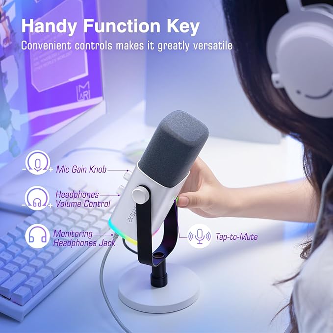 FIFINE AmpliGame AM8W XLR/USB Gaming Microphone for Streaming Podcasting | Dynamic PC Computer RGB Mic, with Gain Knob, Mute Button, Monitoring Jack, for Gamer Recording Video Creation, White