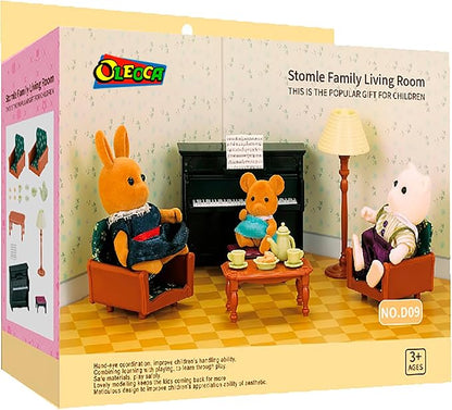 Family Dollhouse Living Room Set — Piano with Bench & Sheet Music, Two Armchairs, Coffee Table, Floor Lamp & Tea Set — Dollhouse Furniture & Accessories for Ages 3+