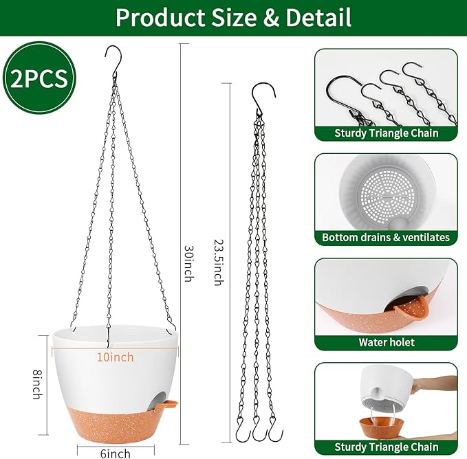 GARDIFE Hanging Planter, 10 inch Hanging planters for Indoor. Outdoor Plants, Self Watering Plant Pot, 2 Pack Large self Watering Hanging Planter, White